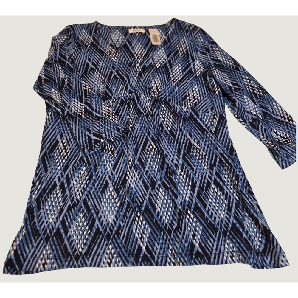 Liz & Co. Petite Blue Geometric Diamond Empire Waist Tunic‎ Top 3/4 Sleeve PL